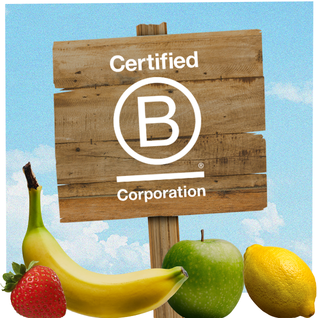 B Corp logo with fruit around it