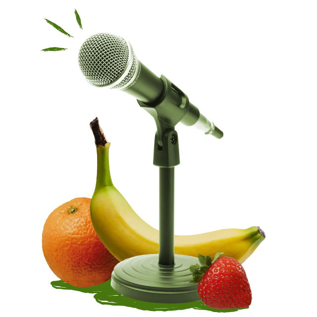 mircophone surrounded by fruit