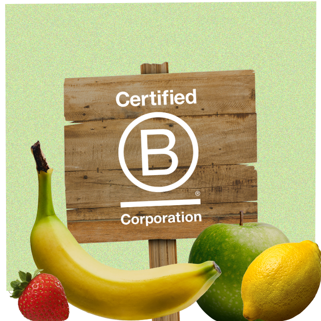 B Corp logo with fruit around it