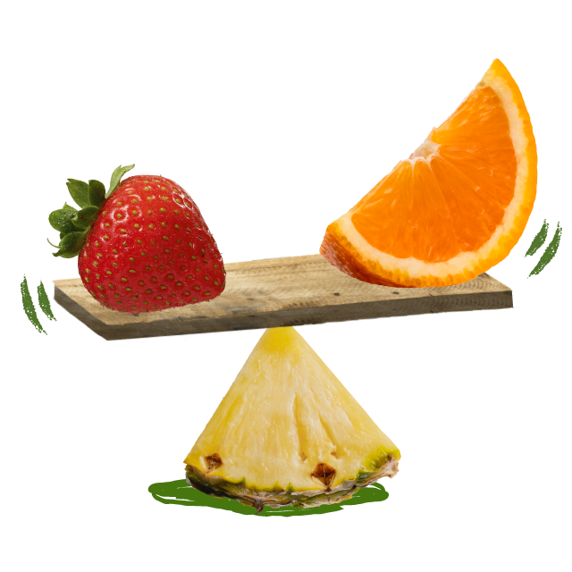 a strawberry and orange slice blanced on a pineapple see-saw