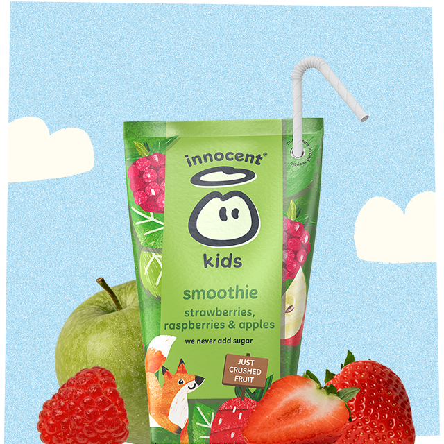 strawberries, raspberries and apples kids smoothie in a carton
